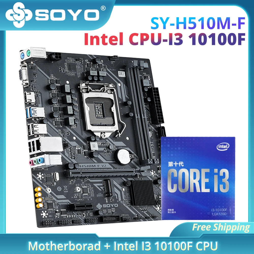 SOYO Full New H510M-F con Intel i3 10100F CPU scheda madre Set USB3.1 Dual channel DDR4 NVME supporto LGA1200 (10/11th Core)