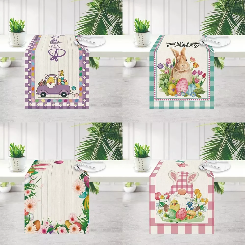 

Happy Easter Cotton Linen Table Runners Vintage Farm Truck Colorful Eggs Kitchen Dining Tablecloth For Farmhouse Dresser Scarf
