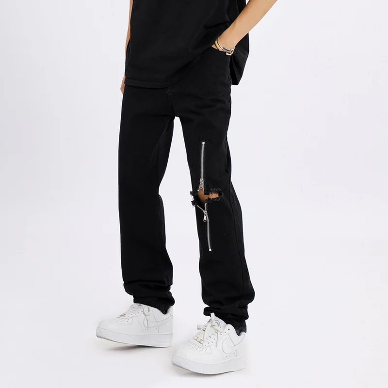 Streetwear Men 2022 Autumn and Winter New Loose Straight Cylinder Jeans Vintage Comfortable Blue Zipper Ripped Trousers Female