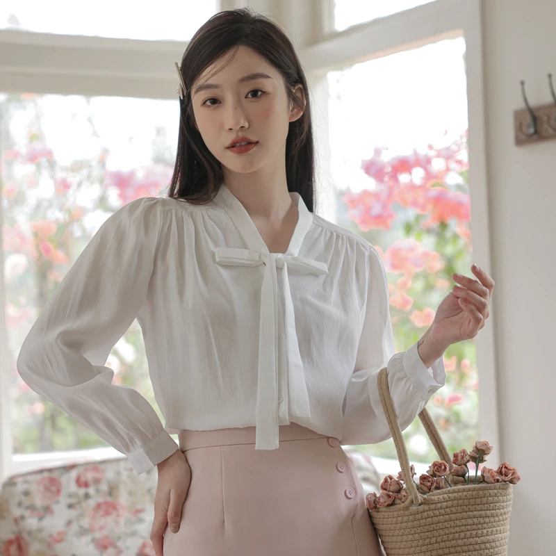 

Autumn Women's Long Sleeve V-Neck French Bubble Sleeve Solid Bow Tie Up Versatile Simple Shirt Blouse Camisas Women Tops A379