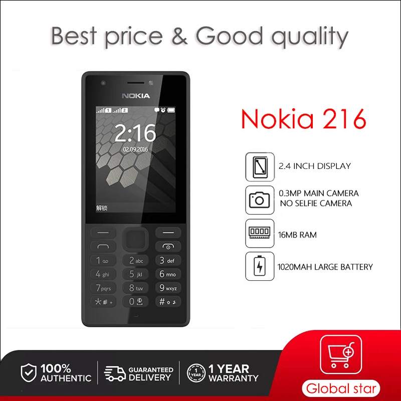 

Nokia 216 Original 2.4 inches 0.3MP 1020 mAh Mobile Phone 16MB RAM Dual SIM Cards Cellphone Free Shipping High Quality