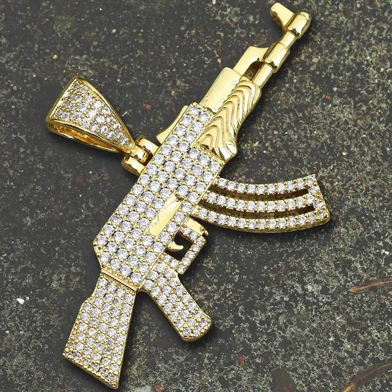 

JEWE Gold Plated CZ AK47 Rifle Gun Pendant Come with Rope Chain