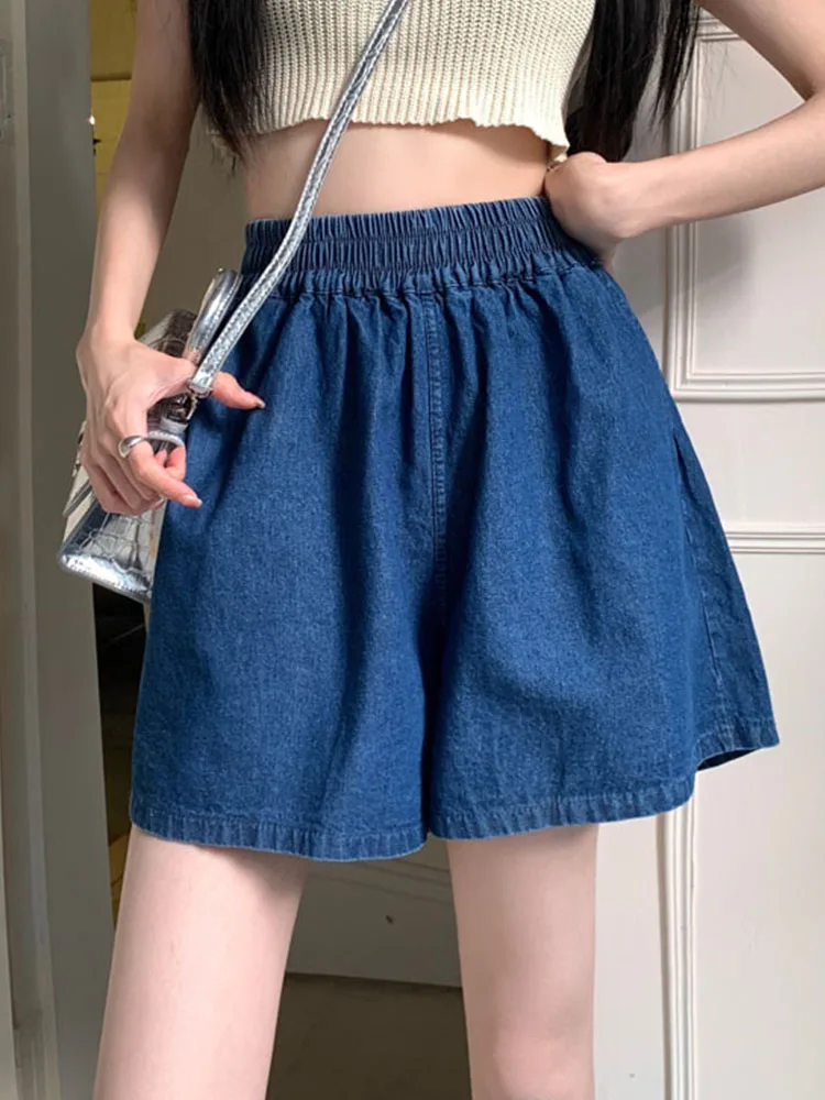 New Spring Summer Women Wide Leg Elastic Waist Blue Denim Shorts Streetwear Female Loose Straight Jeans Shorts Bottoms