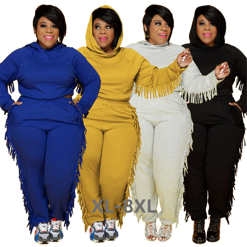 Plus Size Women Fall Clothing Wholesale Hoodie Sweatsuit Solid Long Sleeve Tassel Casual Tracksuit Two Piece 3xl 4xl 5xl 6xl