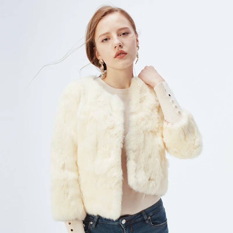 Full Fur Coat Women Design Rabbit Fur Coat Natural Full Fur Coat O Neck Fashion Slim Thin Rabbit Fur Coat