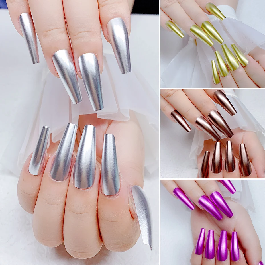 24 шт. блестящие панковские металлические серебряные золотые накладные ногти отражающие зеркальные накладные ногти Акриловые Длинные гробы накладные ногти для дизайна ногтей KETMLT