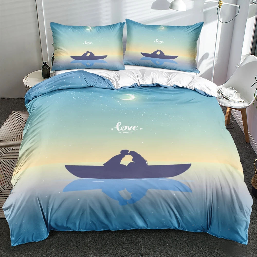

Valentine Day Bedding Sets Blue Boat Duvet Cover Set Queen Couples Bed Linens King Size Quilt Shell Pillow Shams Simple Bed Set