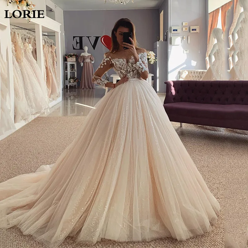 

LORIE Champagne Wedding Dresses Long Sleeve Shiny Glitter Bridal Dress Ball Gowns Lace Wedding Gowns 2023