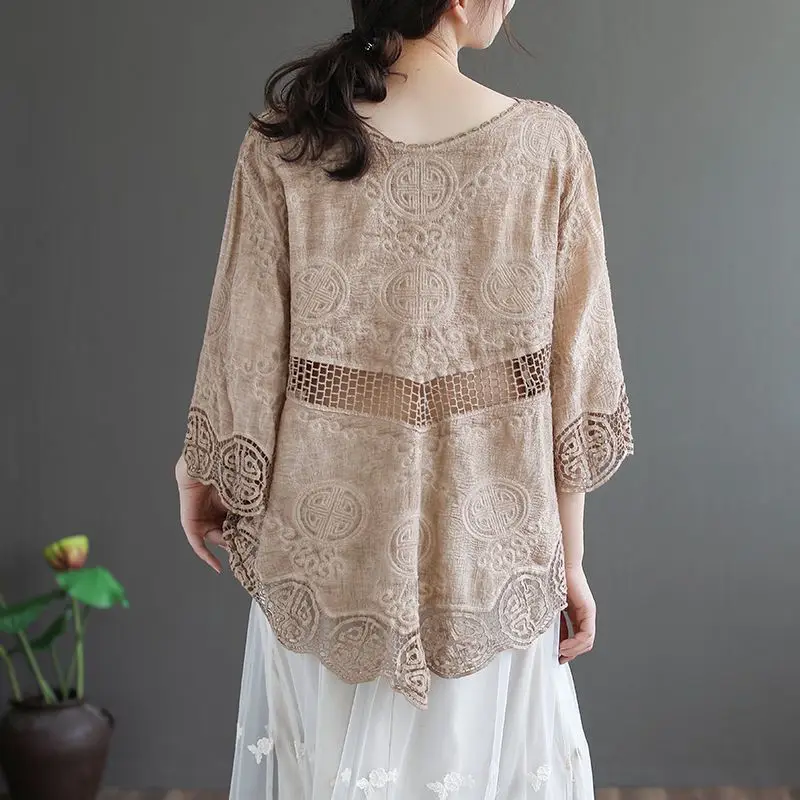 Женская Асимметричная туника из хлопка и льна Повседневная Свободная однотонная