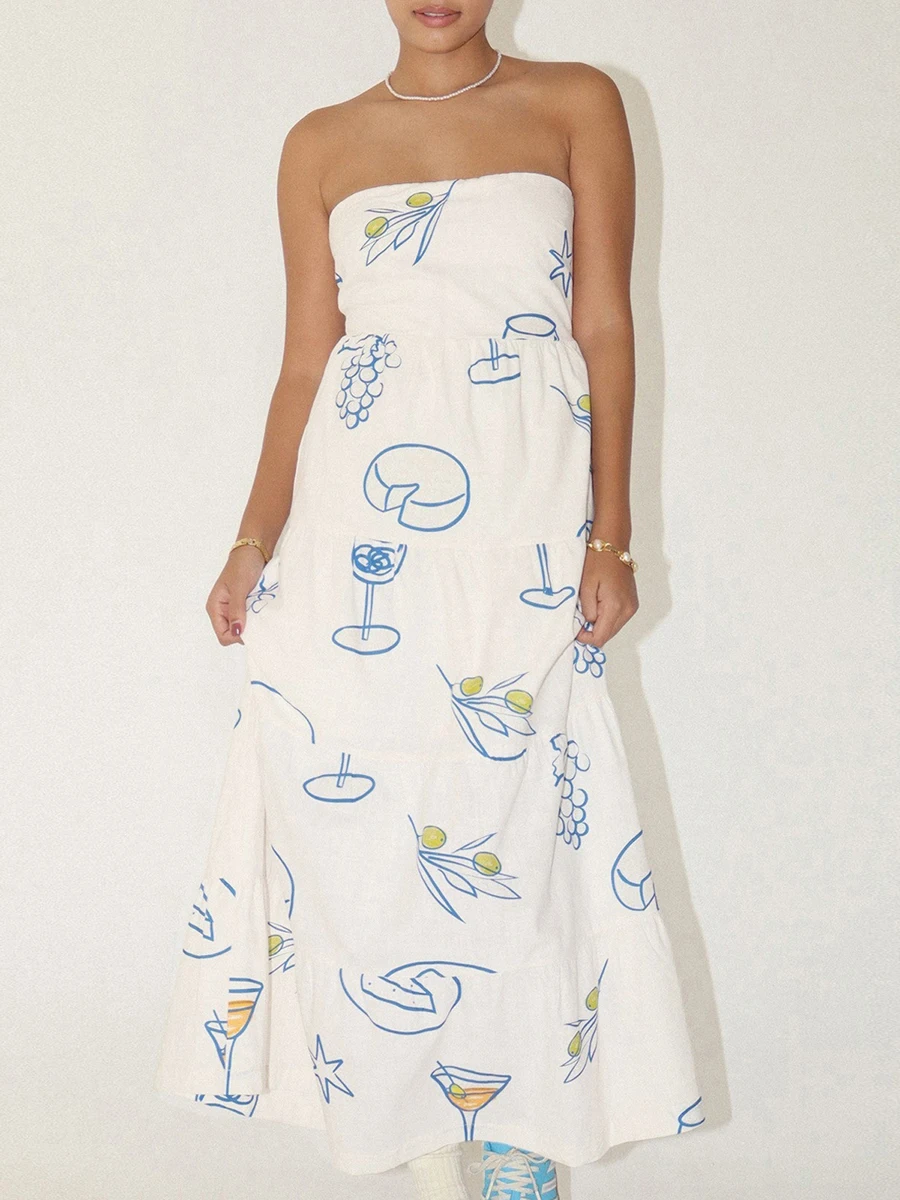 Женское длинное платье-трапеция без бретелек с принтом винограда