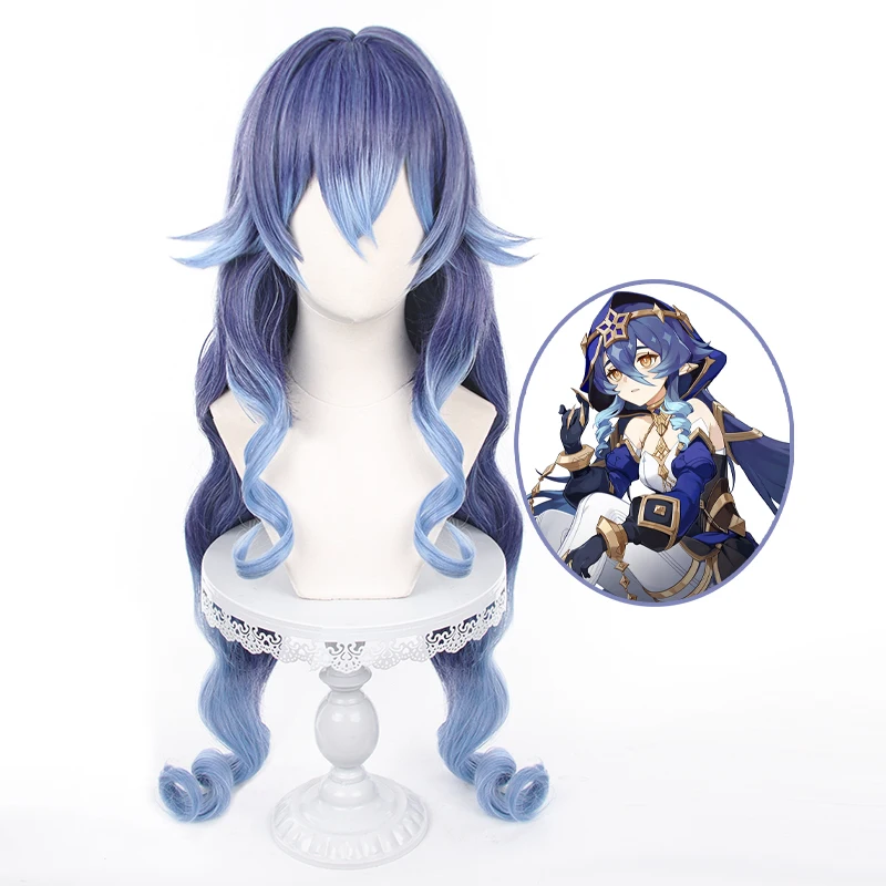 Парик для косплея Genshin Impact Layla длинные вьющиеся волосы синие парики термостойкие