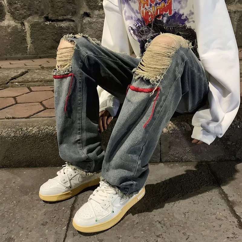 Embroidered Hole Jeans Men Fashion Retro Casual Wide Leg Jeans Men Streetwear Loose Hip Hop Ripped Straight Denim Pants Men