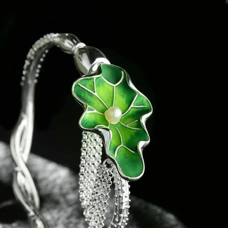 Тайский серебряный шарм-браслет для женщин Перегородчатая эмаль Свежий Зеленый