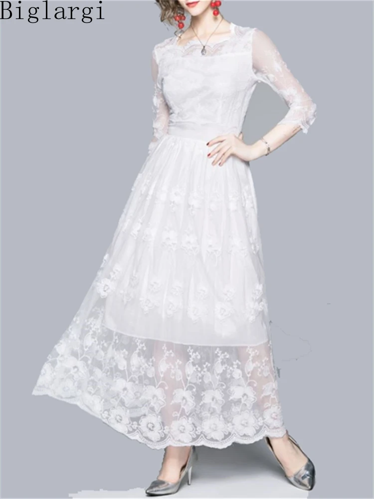 

Sexy Spring Autumn Patchwork Lace Hollow Out Pullover Dress Woman 2022 New Fashion Ladies White Lace Dresses Modis Long Dress