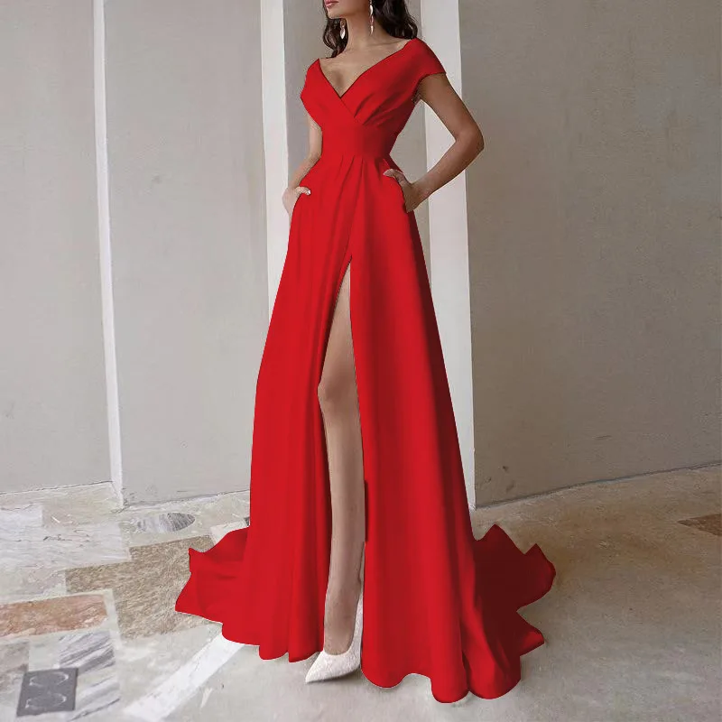 

Summer 2023 Women's Fashion New V-neck Ruffled Long Dress Sexy Waisted Open Fork Temperament Elegant Women Party Long Dresses