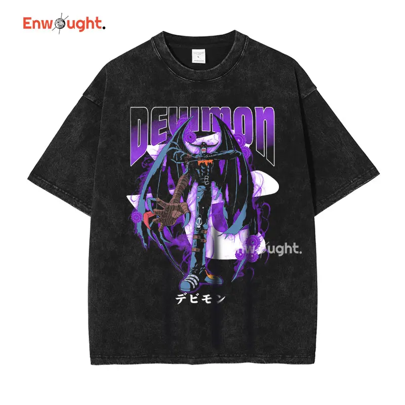 Anime Digimon T-shirt Angemon Devimon Greymon Vintage Washed T Shirts Streetwear Manga Oversized Short Sleeve Tops Tees Cotton