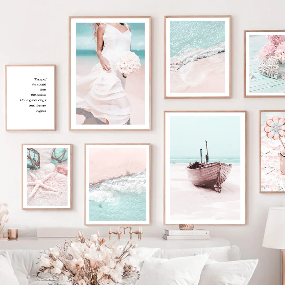 

Pink Beach Flower Sea Shell Starfish Boat Wall Art Canvas Painting Nordic Posters And Prints Wall Pictures For Living Room Decor