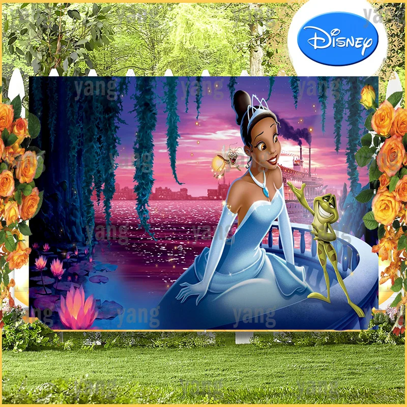 

Disney Cute Princess And The Frog Tiana Cartoon Custom Girls Birthday Party Lotus Pond Backdrop Photography Backgrounds Banner