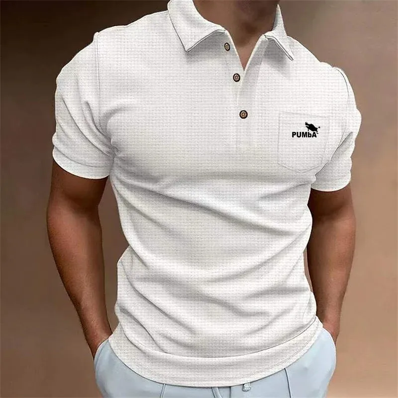 

New Summer Men's Waffle fabric Pocket POLO shirt with buttons Slim High Street Short Sleeve Men's POLO Shirt S-3XL