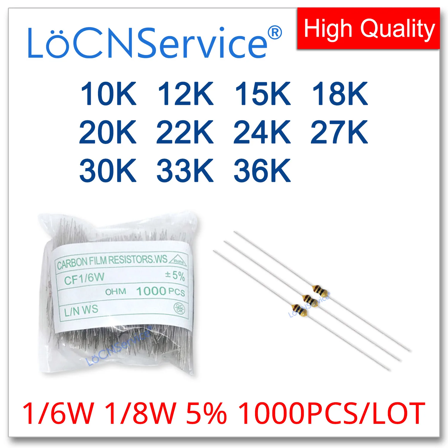 

LoCNService 1000PCS/LOT 5% 1/6W 1/8W 10K 12K 15K 18K 20K 22K 24K 27K 30K 33K 36K Carbon Film Resistor DIP OHM