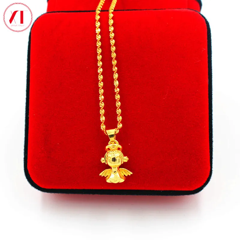 

24K Gold Filled Plated Necklace Cute Angel Choker For Ladies Women Jewelry Waterwave Pendant Gifts With Water Ripple Chain