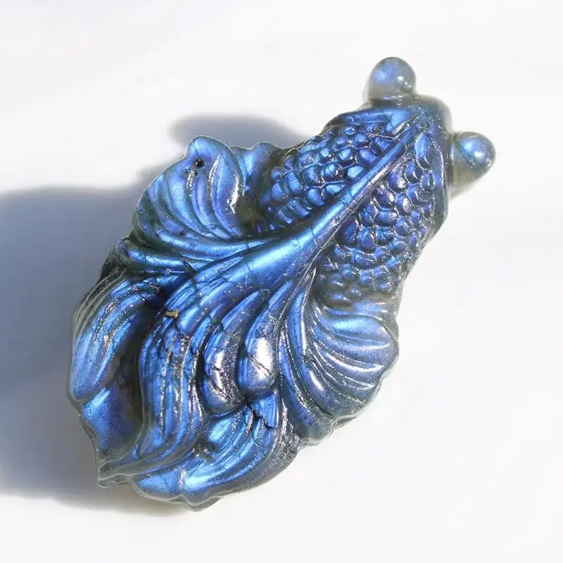 

Hand Carved Natural Flash Blue Labradorite Crystal Carving Animal Goldfish