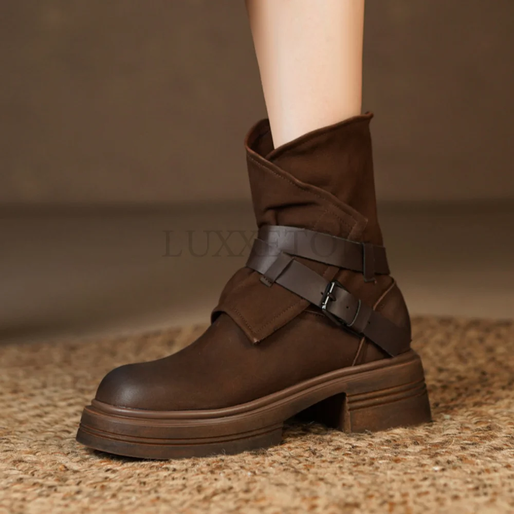 

Autumn/Winter Women Boots Round Toe Chunky Heel Shoes Women Genuine Leather Boots Zipper Short Boots Motorcycle Boots for Women