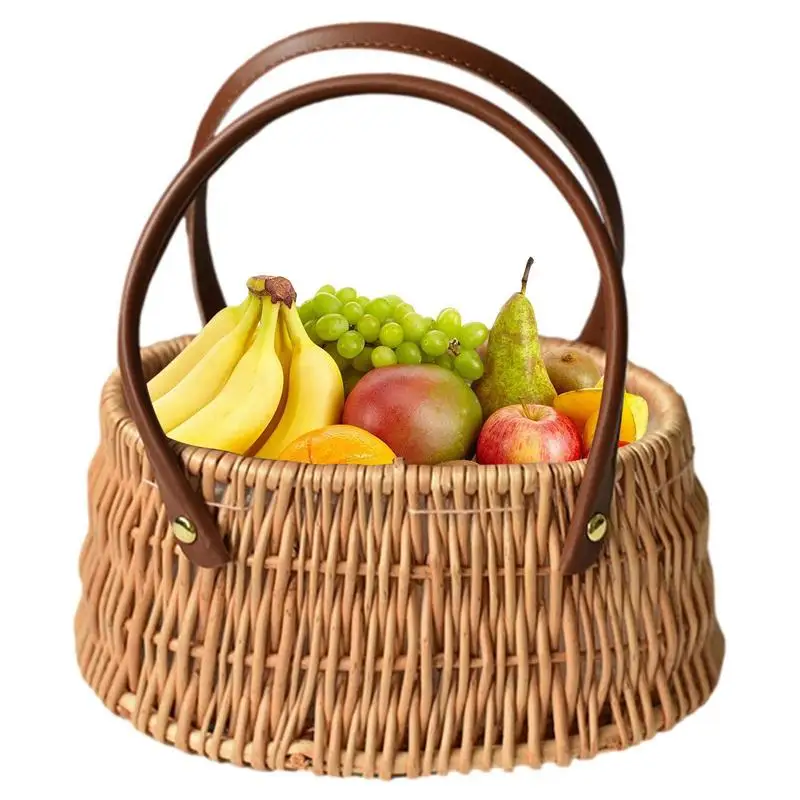 

Portable Woven Wicker Basket Creative Tote Basket Picnic Weaving Handheld Flower Basket Outdoor Multifunctional Food Basket