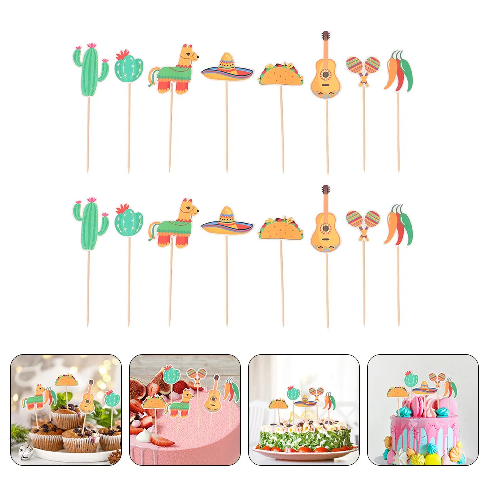 

16 Pcs Cake Topper Party Supplies Cupcake Paper Bamboo Pick Carnival Decorations Taco Hat Insert Adorns Inserting Mexican