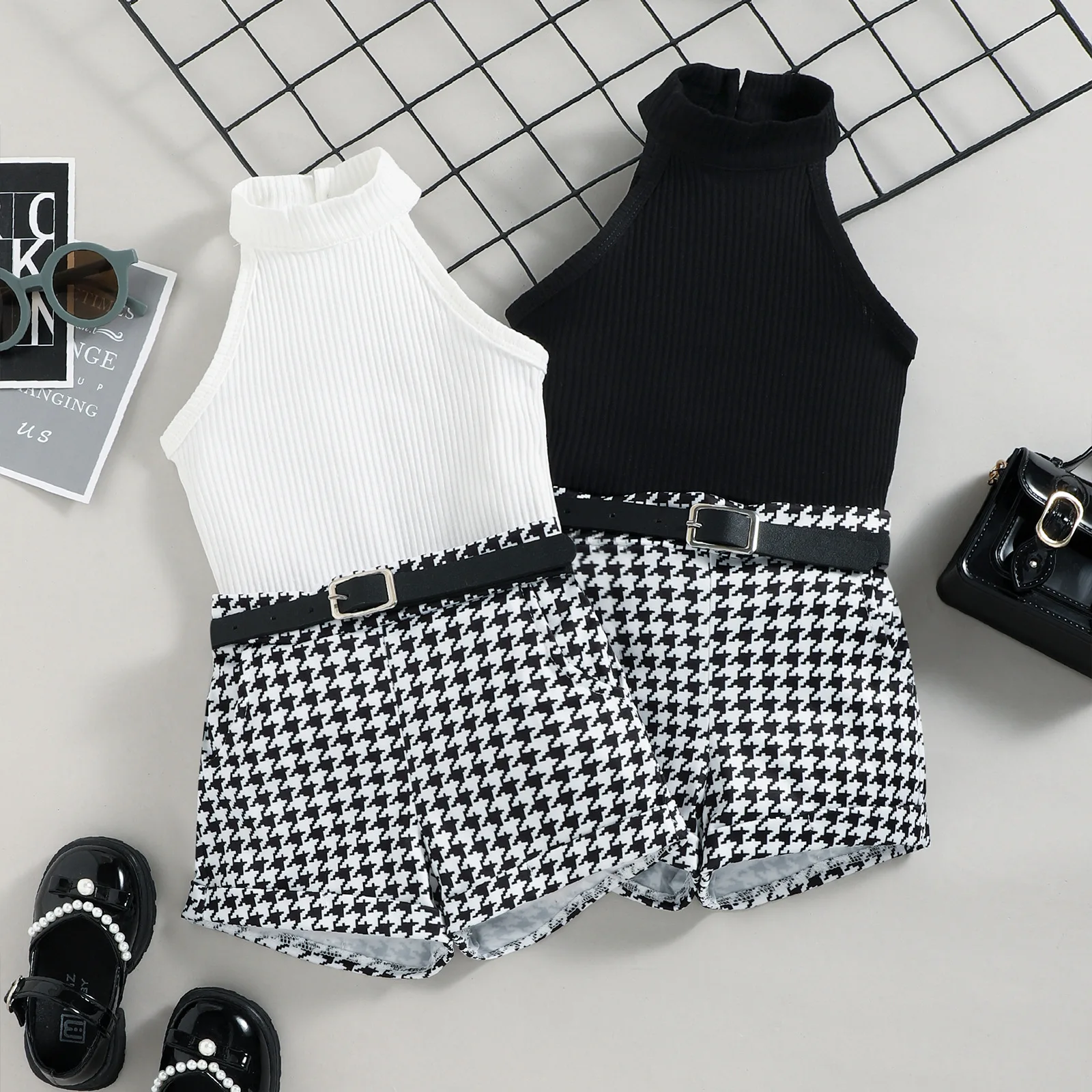 

Infant Baby Girls Outfit Set Hanging Neck Vest + Houndstooth Printed Shorts Belt Three-piece Suit Baby Girl Clothes