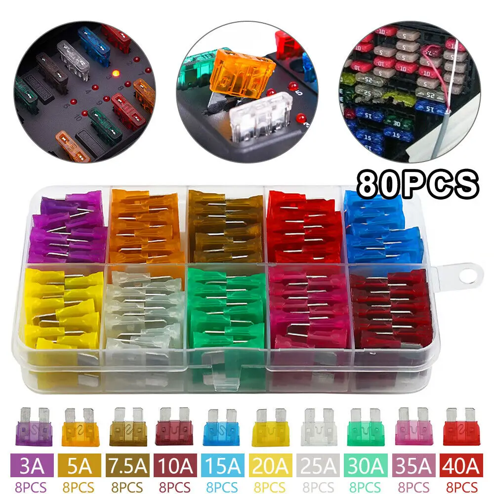 80 шт., Автомобильные предохранители, 12 В, 3A 5A 7.5A 10A 15A 20A 25A 30A 35A 40A Amp