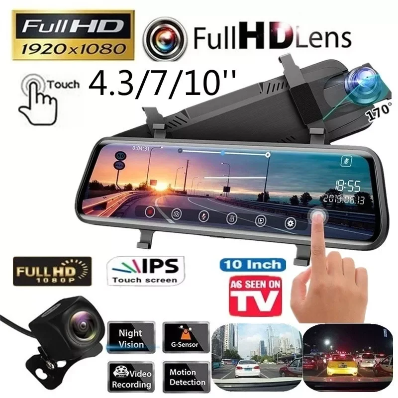 

4.3/7/10 Inches 1080P Car DVR Camera Touch Screen Dash Cam Dual Lens Video Recorder Rear View Mirror Cameras For Car Security