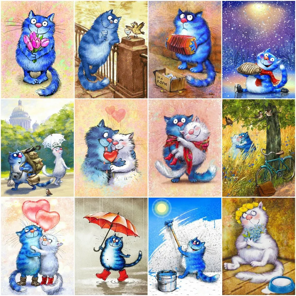 DIYDP 5D DIY Diamond Painting Blue Cat Love Art Kit Full Drill Embroidery Cross Stitch Mosaic Art Picture of Rhinestones Decor