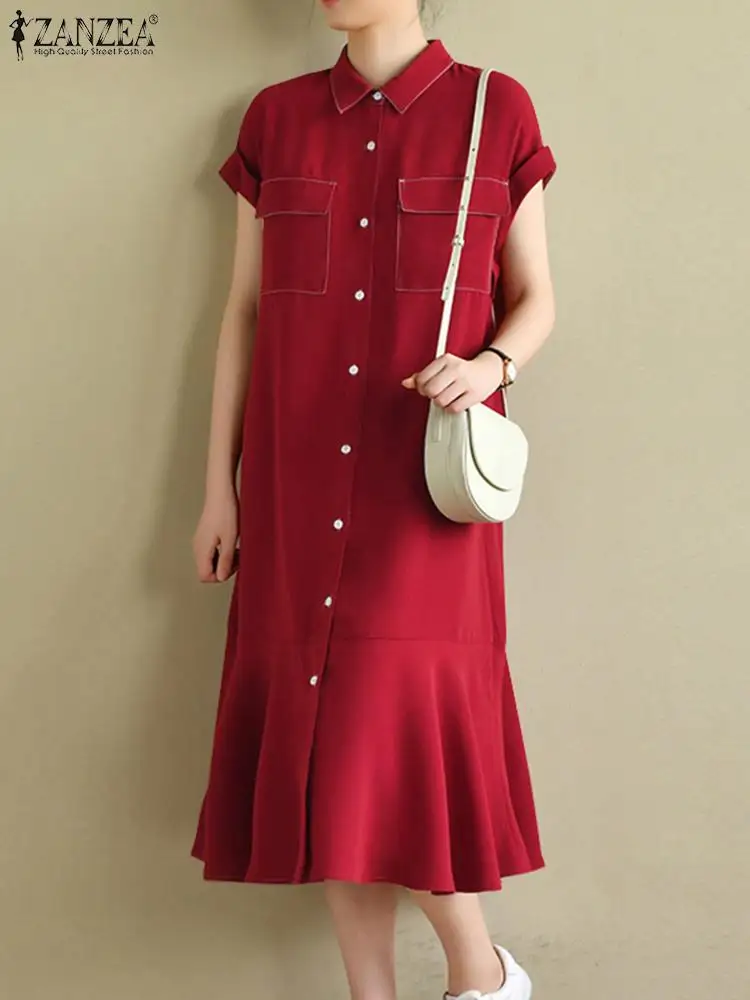 

Платье ZANZEA женское средней длины с оборками, элегантный повседневный однотонный длинный сарафан с коротким рукавом, свободного покроя, с во...