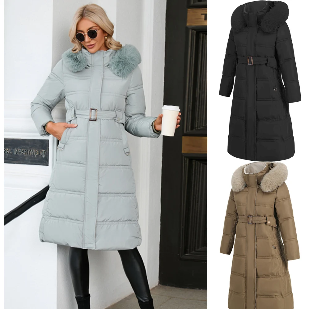 

Women Winter Coat Fur Hooded Windproof Long Jacket Stand Collar Slim Fit Warm Trench Coat Removeable Belt Lady Parka 2022