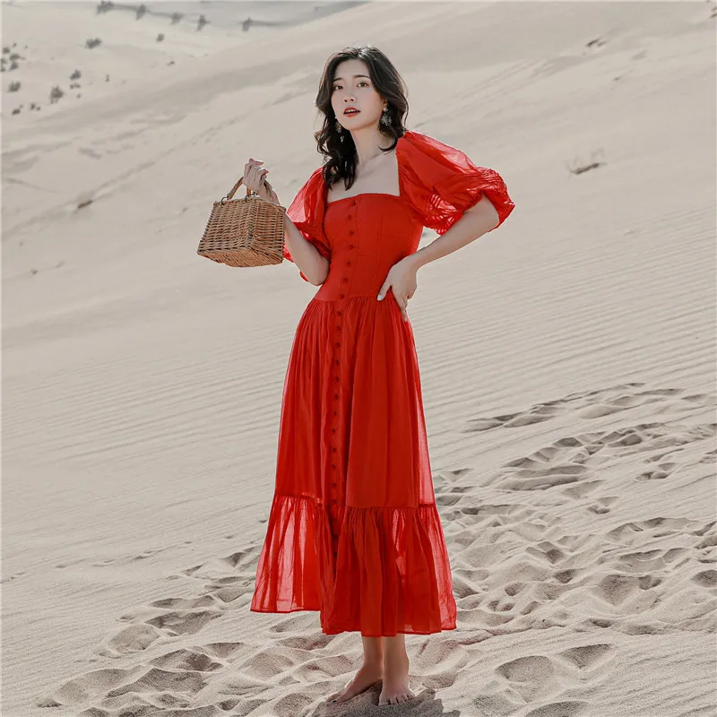 

Summer New Fashion 2022 Women's Square Collar Spliced Short Puff Sleeve Button Mermaid Solid Color Casual Holiday Long Dress