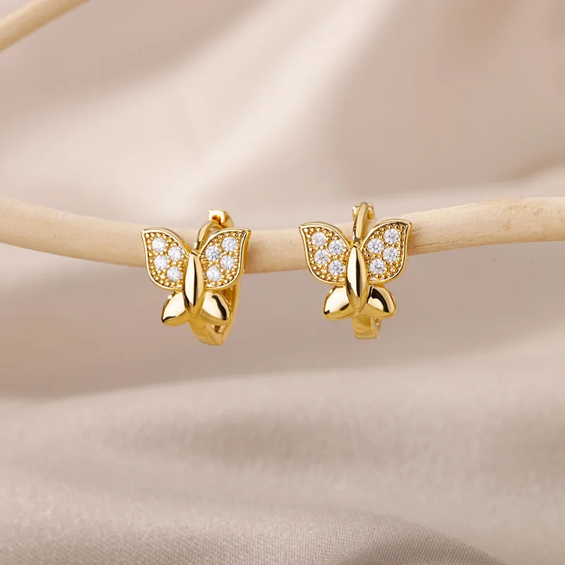 

Stainless Steel Cross Heart Butterfly Hoop Earrings Gold Color Cubic Zircon Geometry Earring For Women Aesthetic Wedding Jewelry