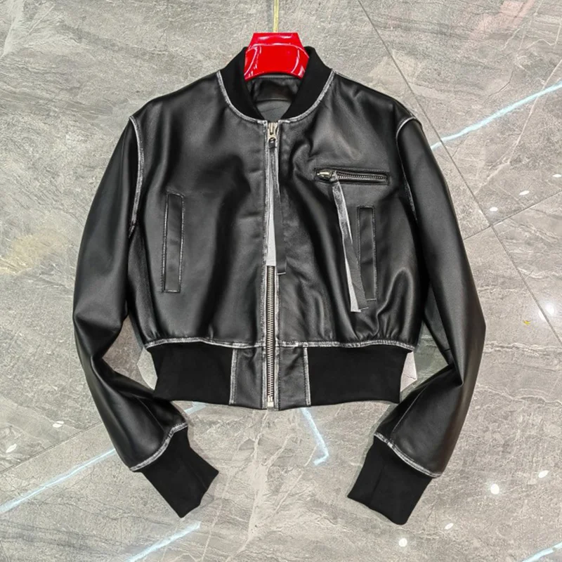 Lady Leather Jackets 2023 New Genuine Sheepskin Baseball Uniform Solid Short Coat Zipper Fashion Autumn Outwear 5090