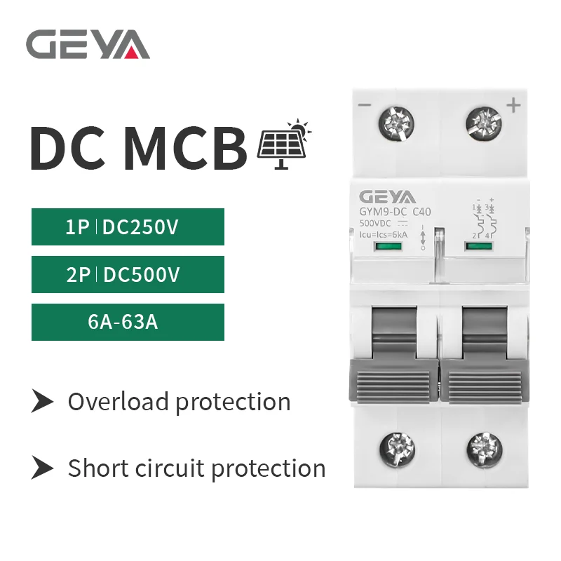 

GEYA 2P DC 500V солнечный мини-выключатель защиты от перегрузки 6A ~ 32A/40A/50A/63A MCB для фотоэлектрической фотоэлектрической системы