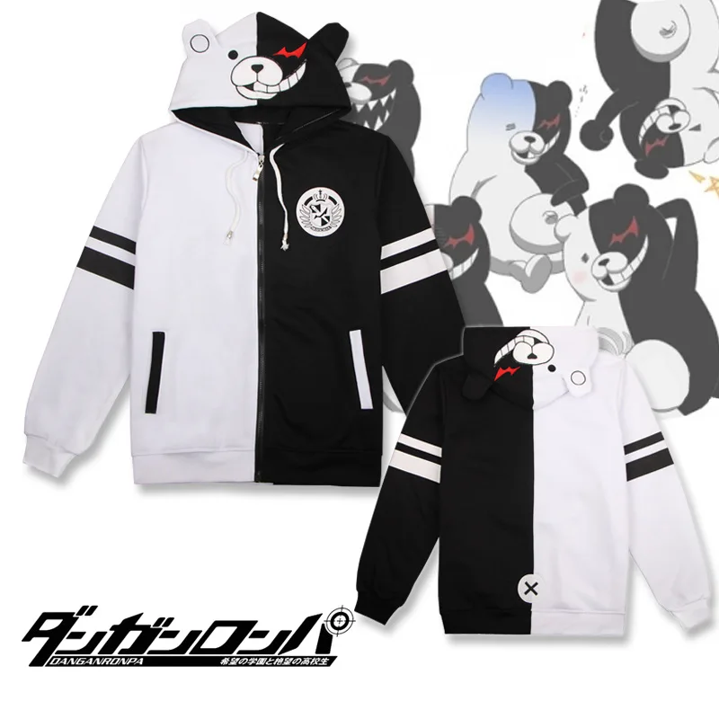 Danganronpa Daily Casual Coat Jacket Black White Bear Monokuma Unisex Hoodie Sweatshirt Hooded Winter Thicken Cosplay Costume