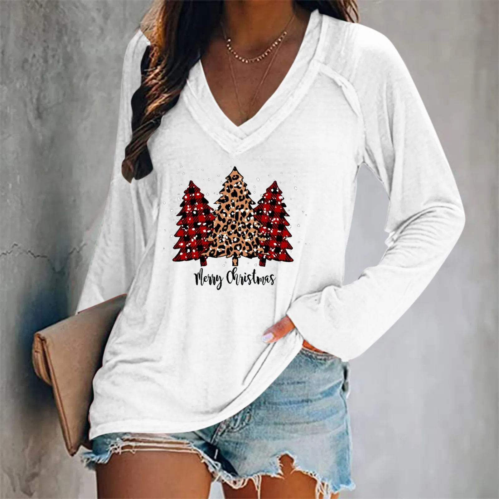 

Women Christmas Casual V-Neck Printing Long Sleeve Top T-Shirt Blouse Womens Long Sleeve Athletic Shirt