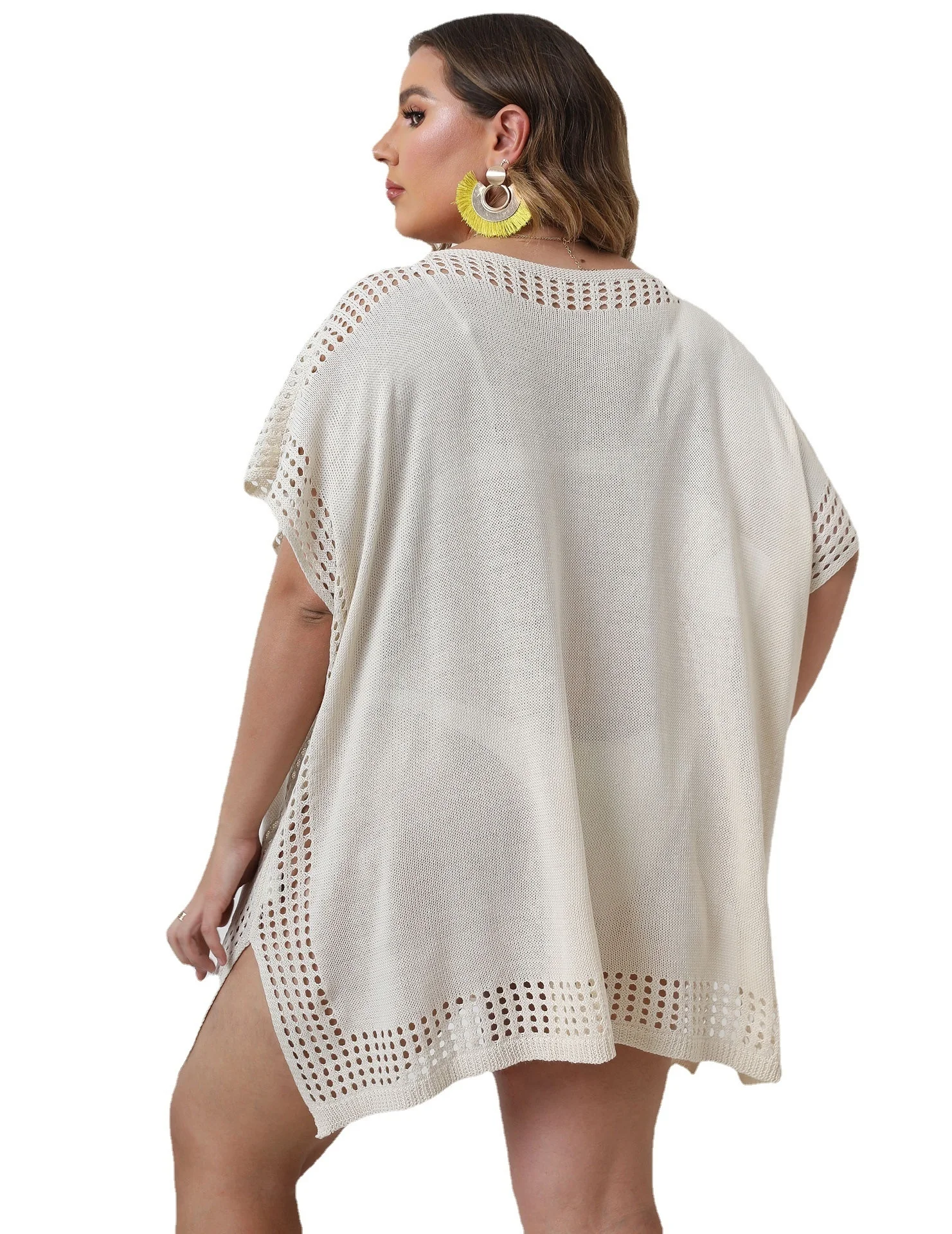 Plus Size Beach Dress Women Fashion Hollow Stitching Machine Woven Dress Casual Lady V-neck Loose Smock Dress Large Size Female