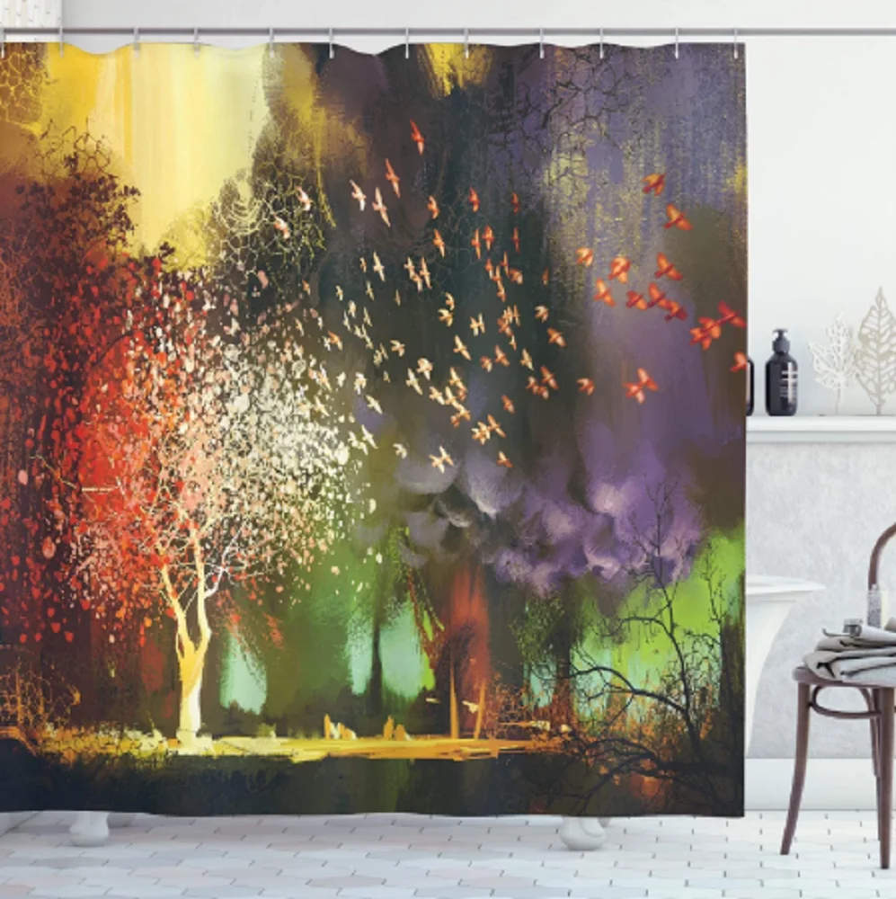 

Cartoon Fantasy Shower Curtain Forest Tree Moon Green Plant Scenery Bath Curtains Bathroom Decor Waterproof Polyester Screens