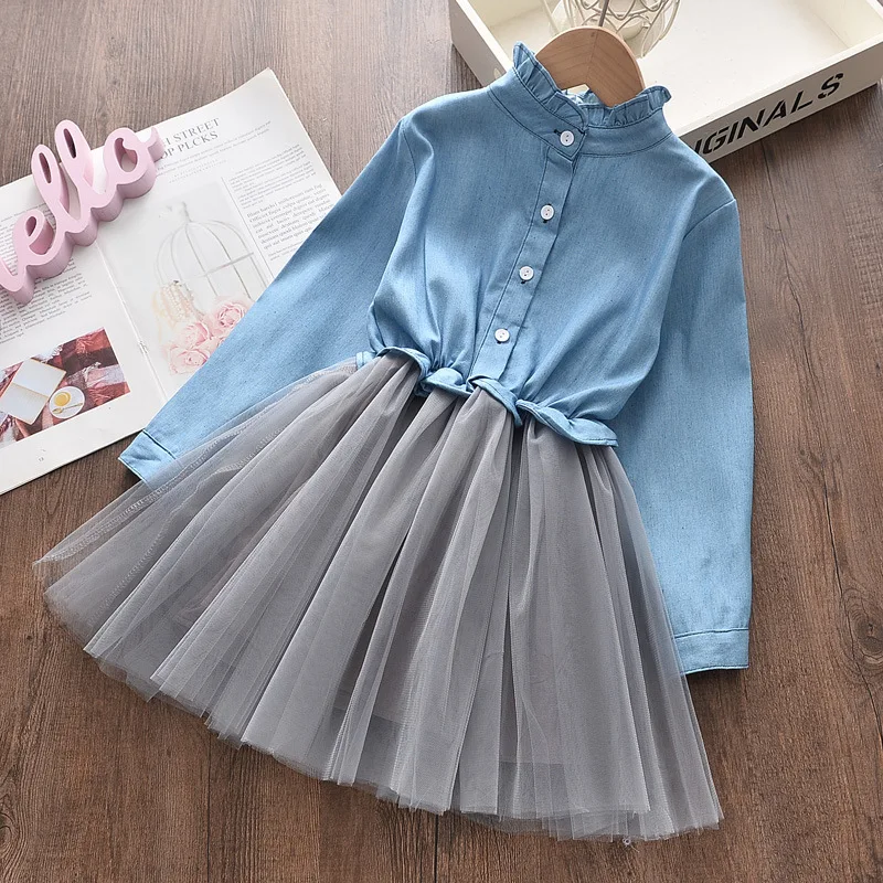 

2022 spring and autumn children's clothing new girl princess skirt denim top mesh skirt girl baby long sleeve suit skirt
