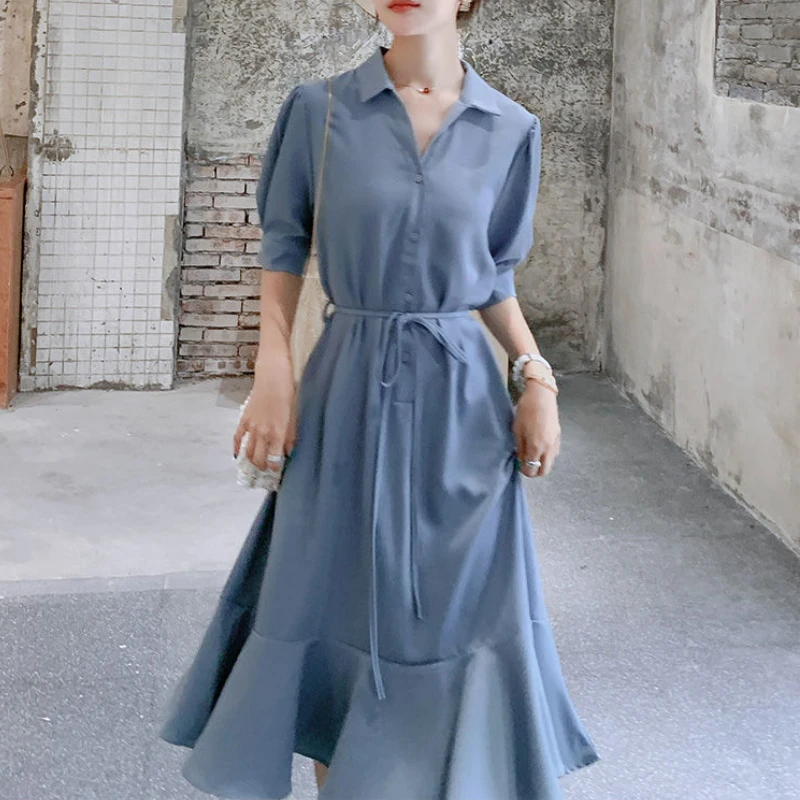 

Новинка лета 2022, шифоновое платье-рубашка, однобортное тонкое Элегантное Длинное платье в шикарном стиле с лацканами и поясом