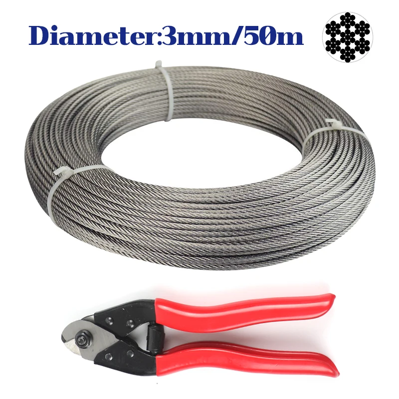 3mm 50 Meter Steel Wire Rope Cable Railing Fitting Rustproof T316 Stainless Steel 7*7 164 Feet With Cutter