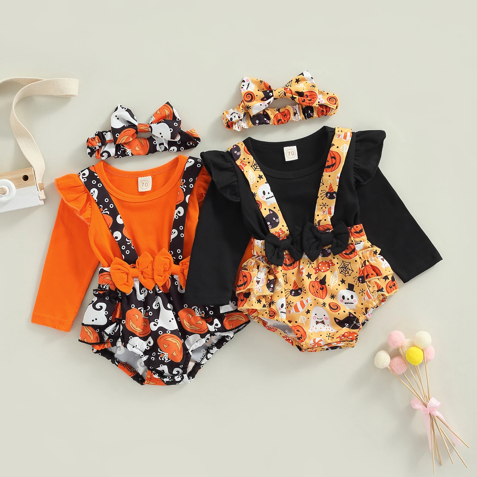 

Baby Suit Set, Cartoon Patterns Round Neck Long Sleeve Patchwork Romper+ Headband for Girls, 0-18 Months