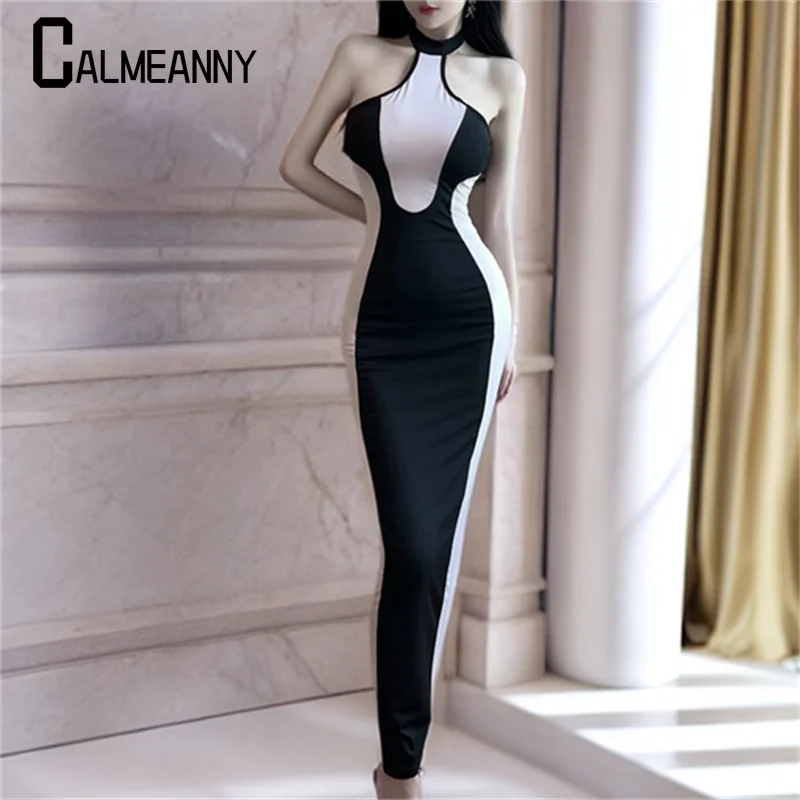 

Long Dress Woman 2023 Summer New Style Sleeveless Hang Neck Pullover Party Slim Patchwork Dress Women Wrap Hip High Street