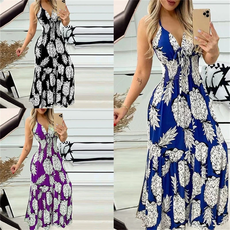 

Girls Halter Cocktail Party Dress Women Backless Dress Summer Floral Print Dress