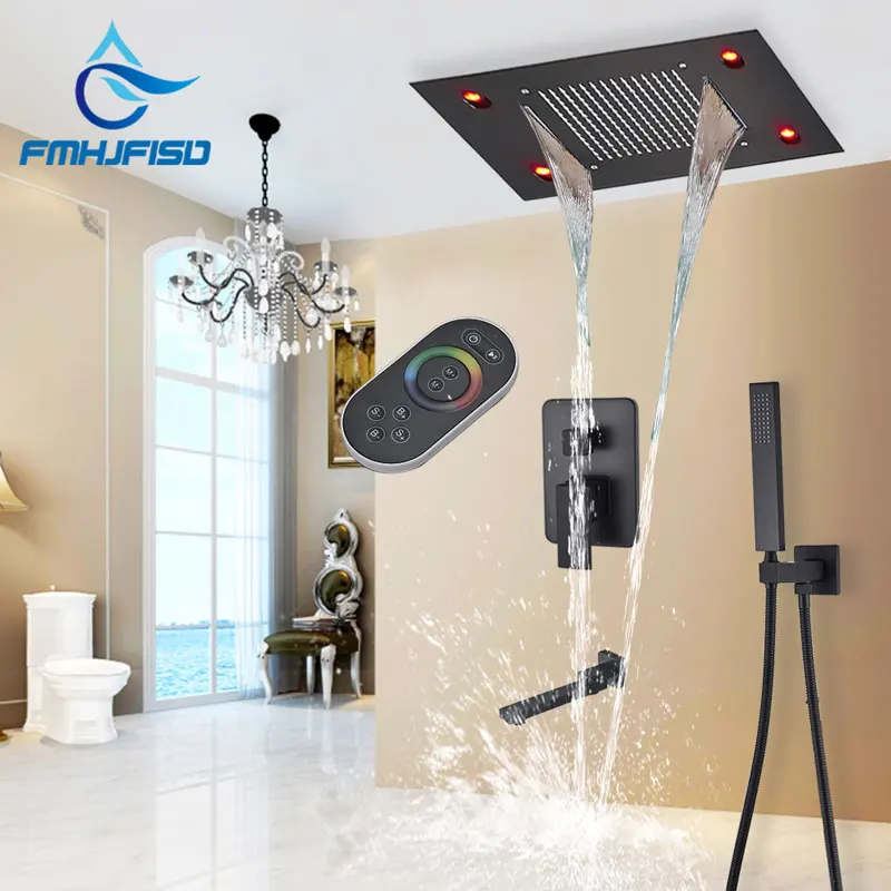 

Bathroom Faucet Shower Systems LED Shower Set Black Rainfall Bathroom Ceiling Mount Shower Faucets Waterfall Spout chuveiro